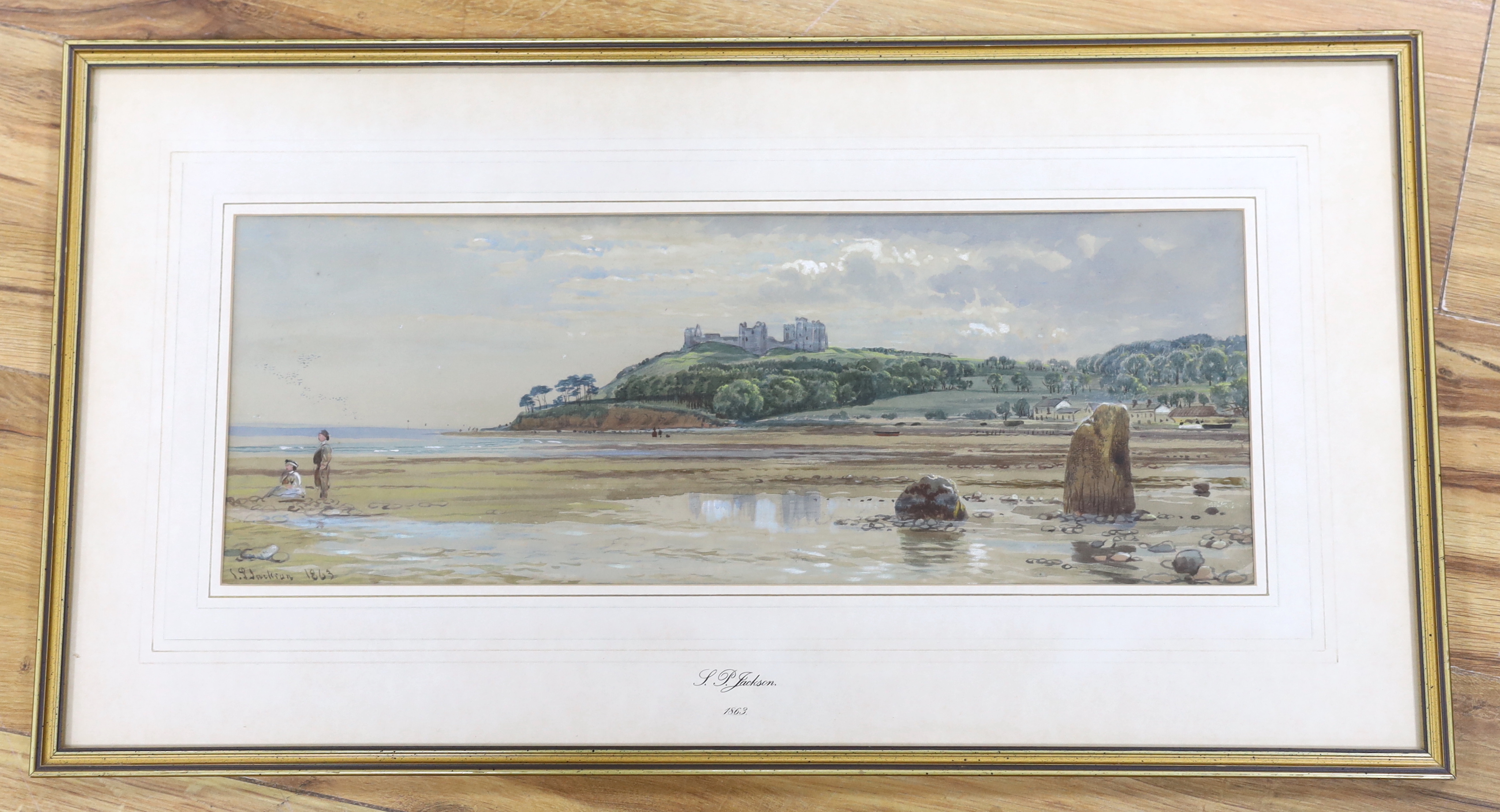 J.P. Jackson (19th. C), watercolour, Welsh coastal landscape, signed and dated 1863, 17 x 46cm